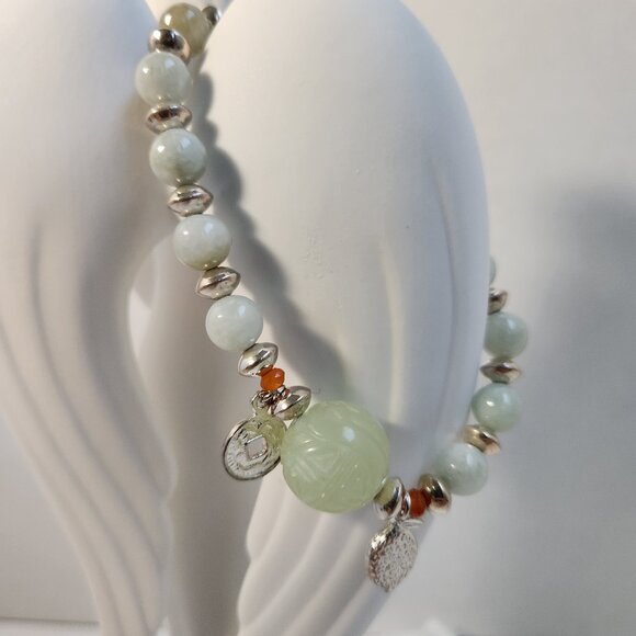 VTG 90s Chalcedony Jadeite Carnelian 925 Beaded Toggle Bracelet 7.5" Adjustable - Picture 3 of 9